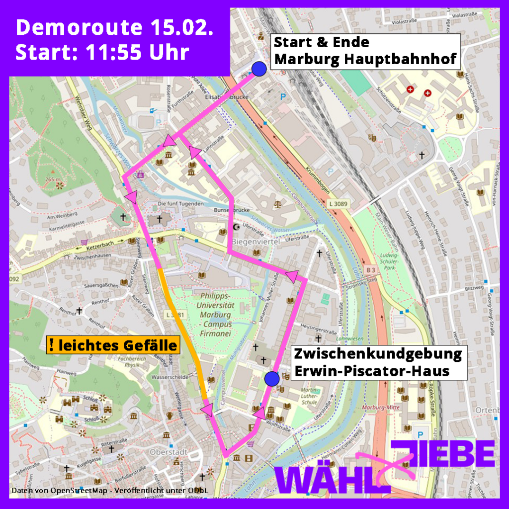 Sharepic mit Karte. Die Demo beginnt am Marburger Hauptbahnhof, verläuft dann über die Bahnhofstraße und Elisabethstraße zum Pilgrimstein. Dort steht der Hinweis "leichtes Gefälle". Geht dann über die Biegenstraße zum Erwin-Piscator-Haus, wo es eine Zwischenkundgebung geben wird und dann über die Deutschhausstraße und Robert-Koch-Straße zurück zum Hauptbahnhof.